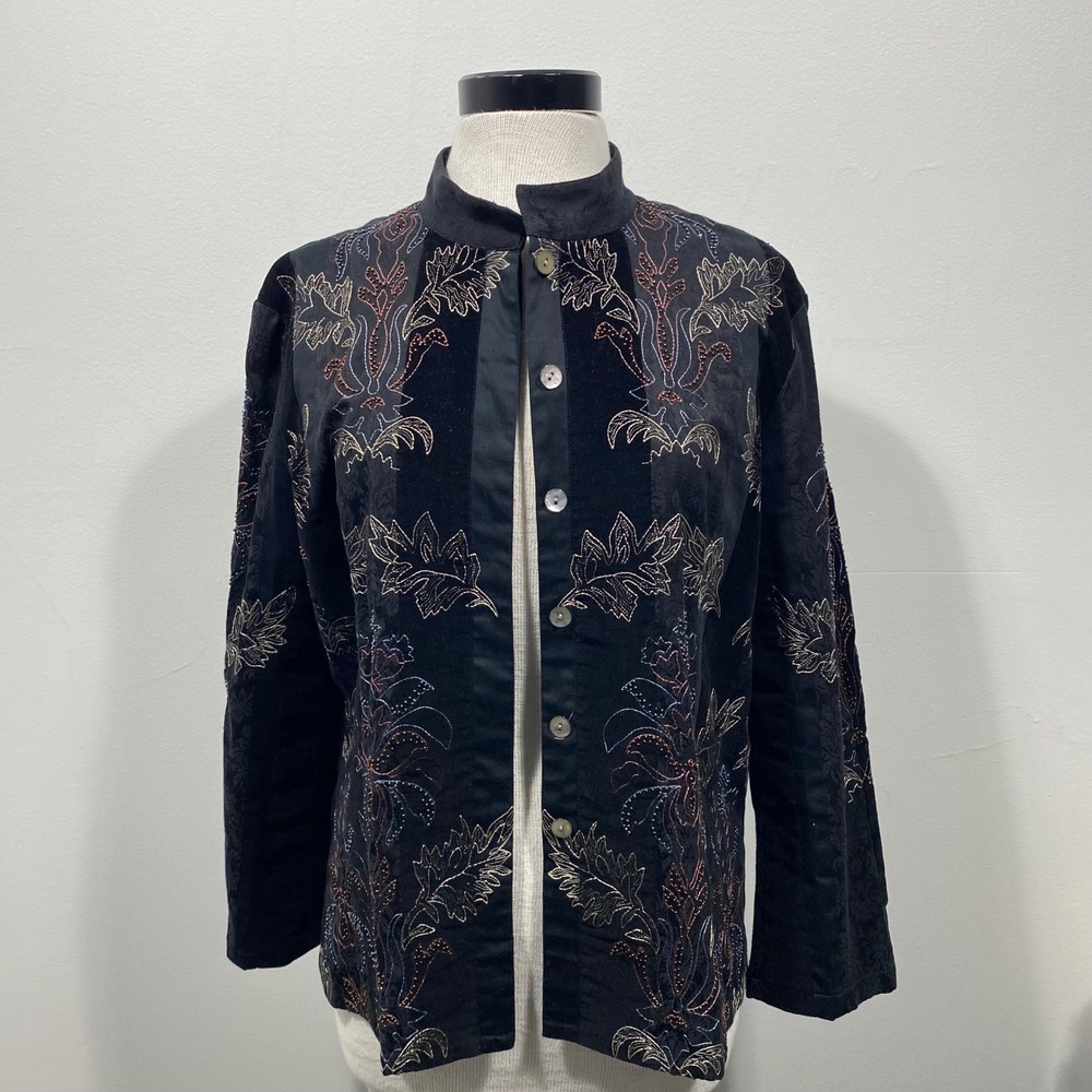 Susan Bristol Black Beaded Embroidered Velvet Satin Jacket Mandarin Collar Large